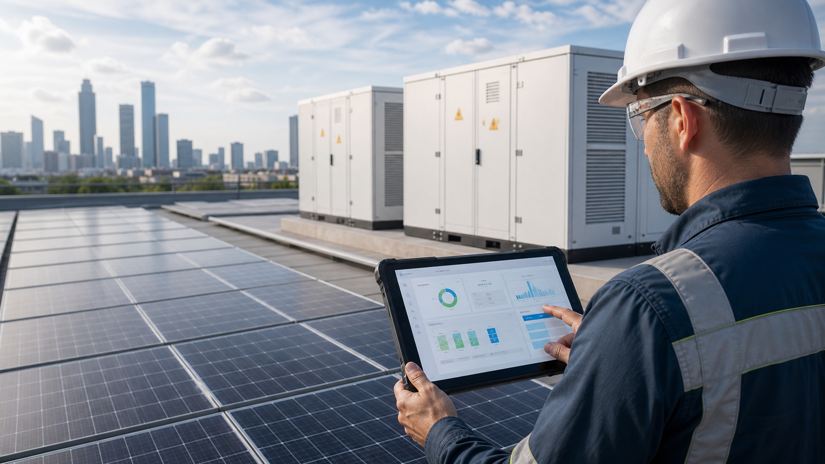 Engineer using EcoSizing software on a tablet for solar and energy storage project planning