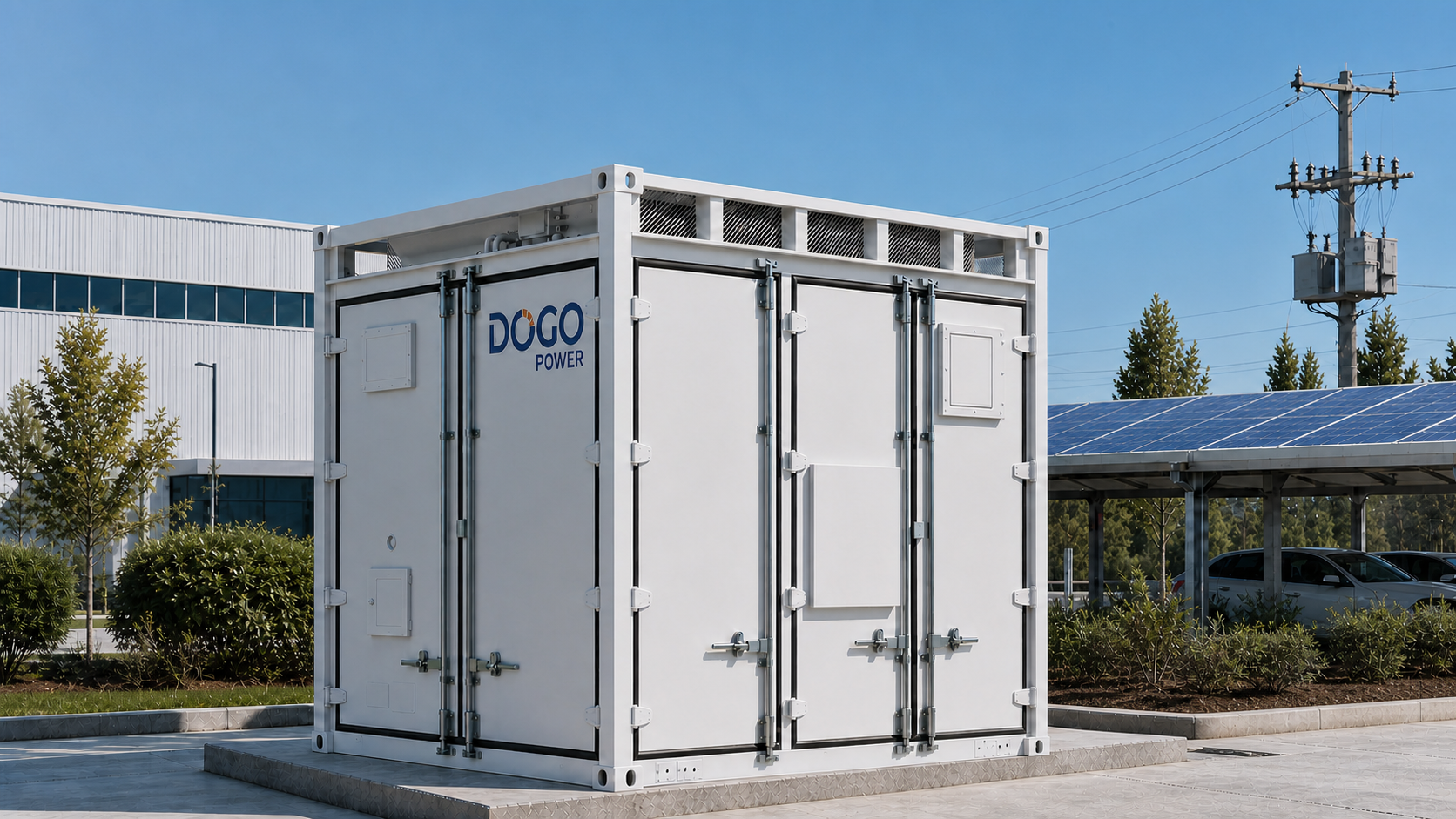 DoGo Power grid-forming ESS container beside solar panels