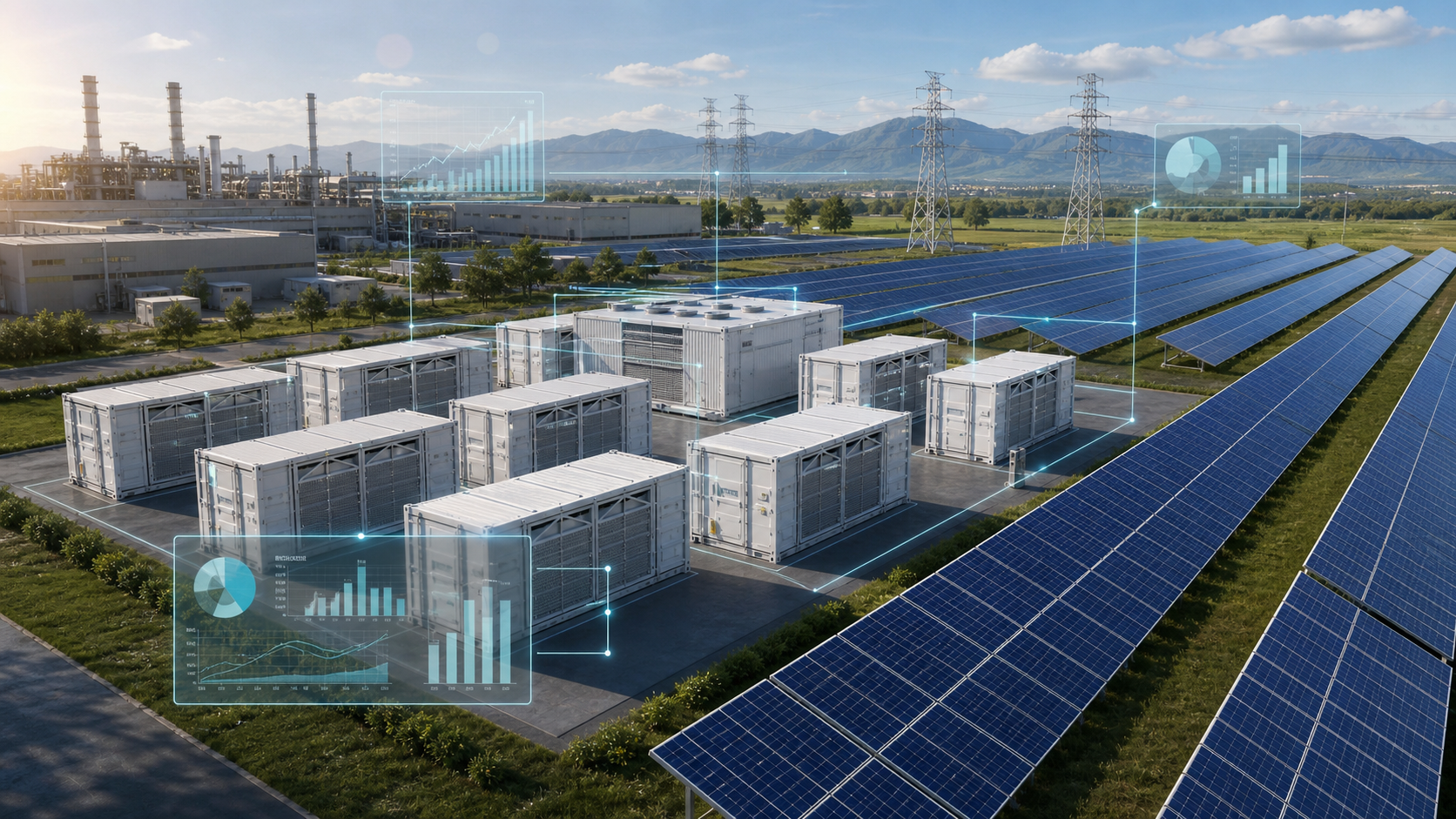 Solar-plus-storage project with battery energy storage containers and digital capacity planning overlays