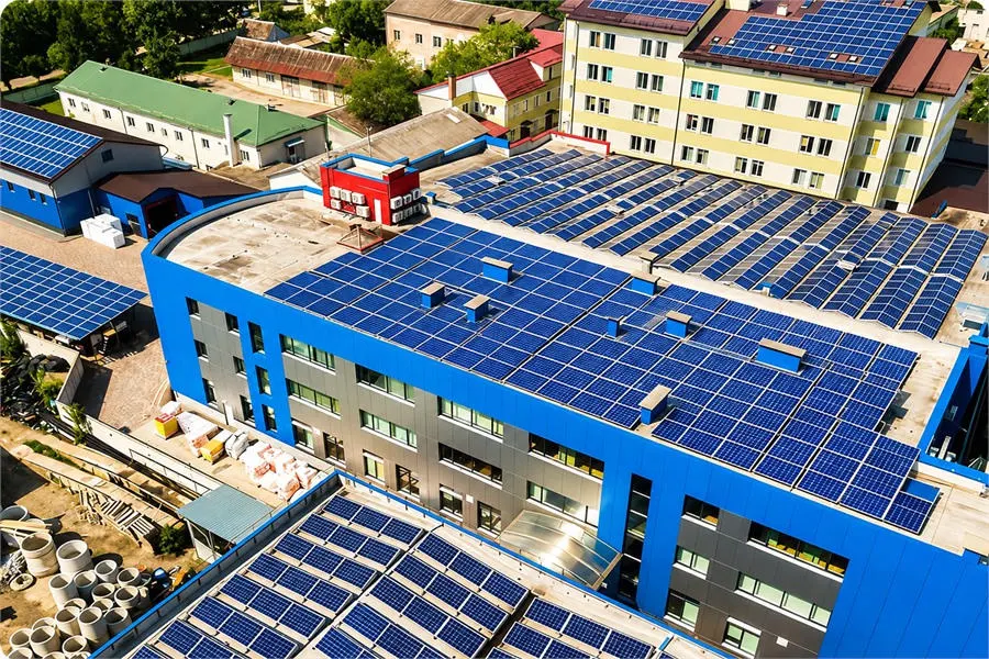 Aerial view of rooftop solar panels at the Mali factory featured in DoGo Power&rsquo;s C&I PV and energy storage project.
