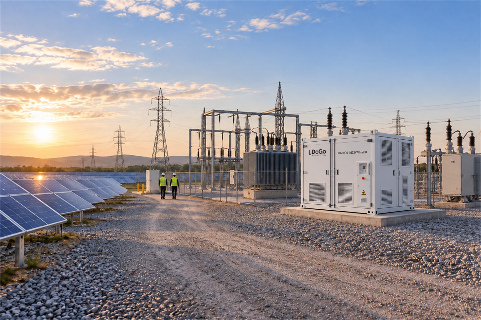 DoGo Power DG1000-1672kWh 构网型储能系统集装箱与太阳能光伏阵列和变电站配套运行